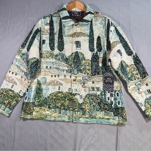 Rebel Vengeance Jacket Mens Small Multicolor Tapestry Art Cityscape Button Front